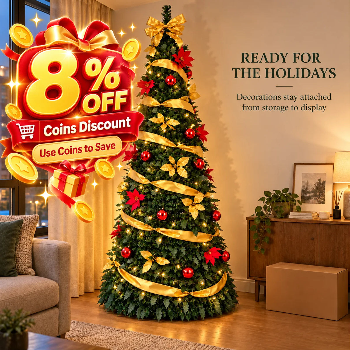 Pop-Up Pre-Decorated Foldable Christmas Tree – Space-Saving Artificial Holiday Xmas Tree with Ornaments & Lights