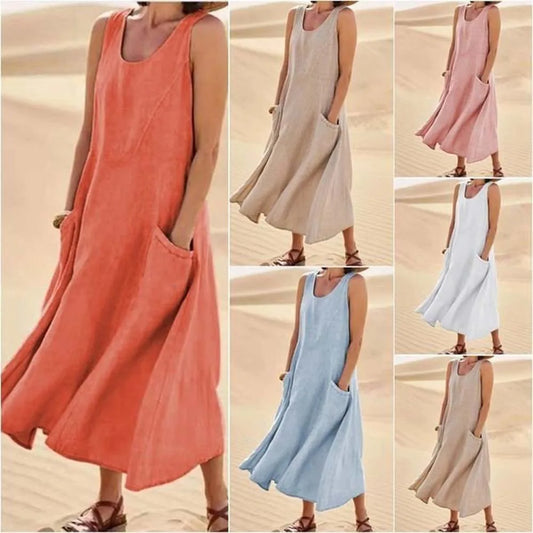 Cotton Linen Sleeveless Double Big Pocket Loose Dress