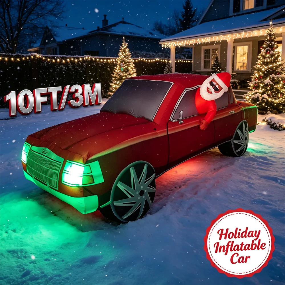 10FT Christmas Inflatable Red Car with Santa - Outdoor Yard Decor