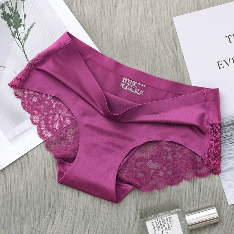 Women's Seamless Ice Silk Lace Trim Briefs