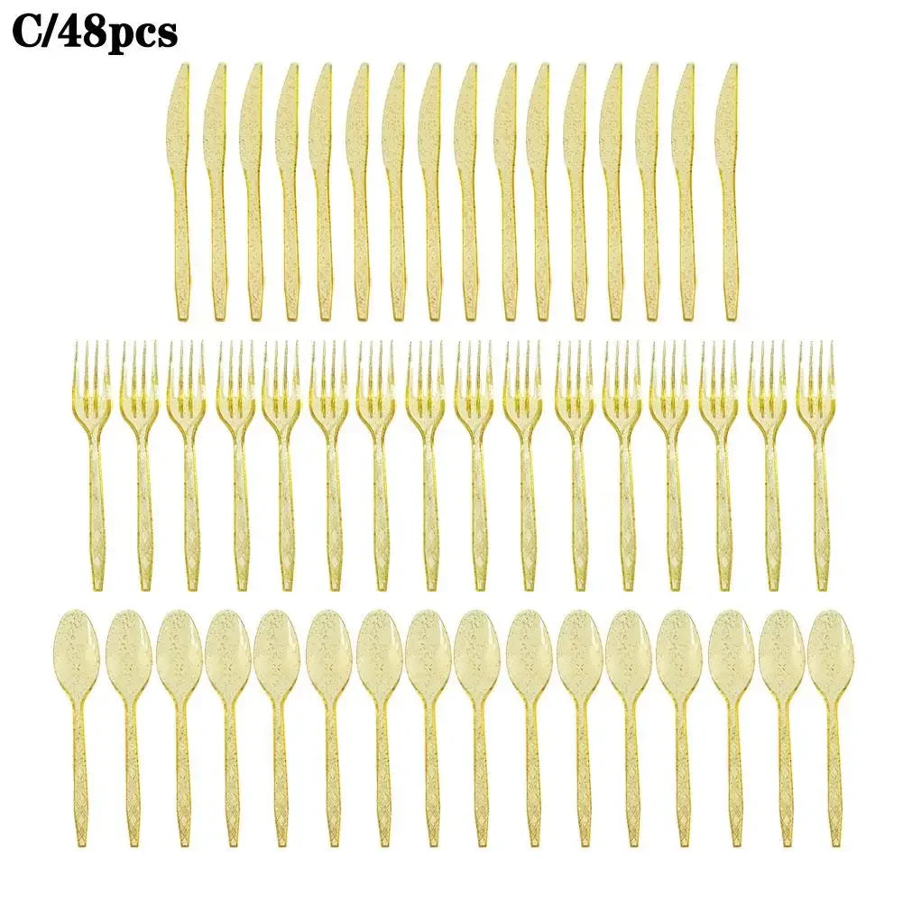 48-Piece Pastel Plastic Cutlery Set - Reusable Spoons, Forks & Knives