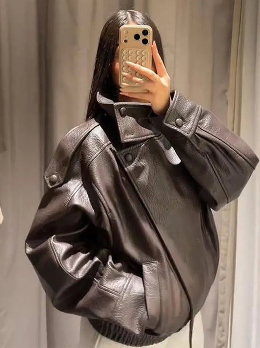 Women's Vintage Faux Leather Oversized Motorcycle Jacket – Casual Loose Streetwear