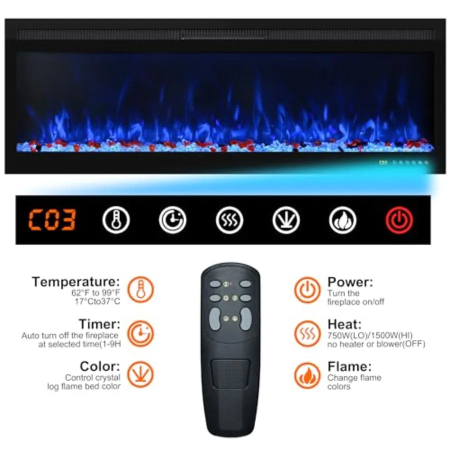 Wi-Fi Enabled Wall Mounted and Recessed Electric Fireplace with Remote and Touch Screen