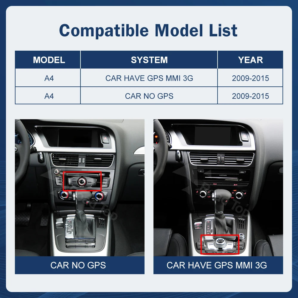 Road Top 8.9" / 12.3" Touchscreen Multimedia Display for Audi A4 S4 (2009–2015) with Wireless CarPlay & Android Auto