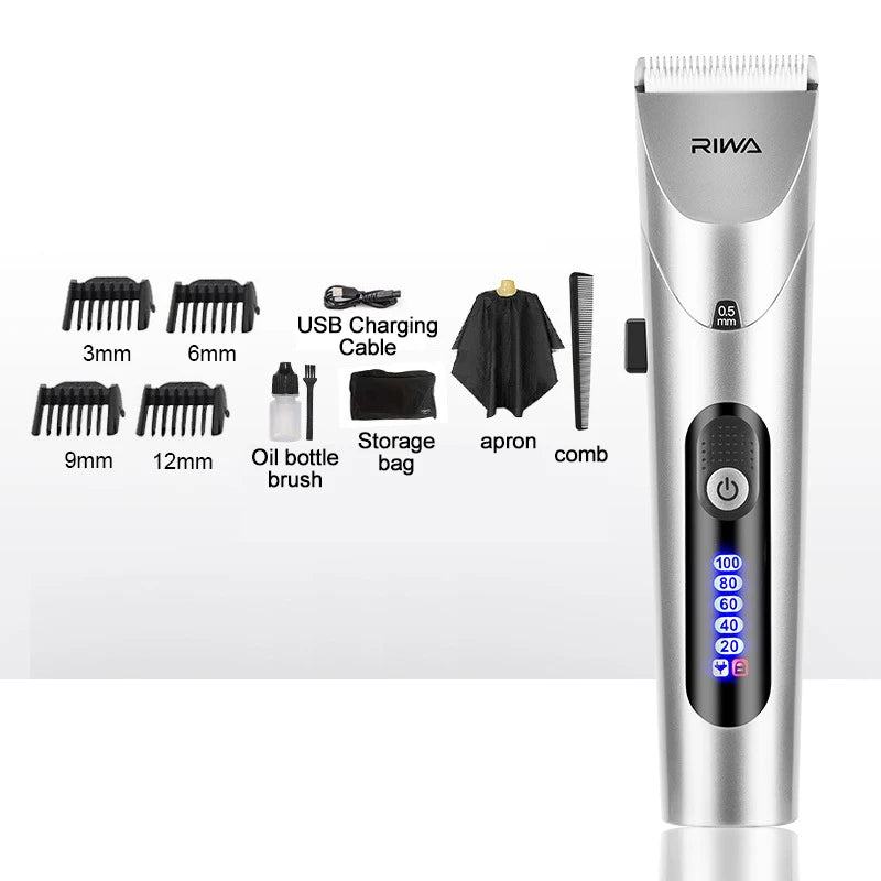 RIWA Professional Cordless Hair Clipper – USB Rechargeable LCD Grooming Kit