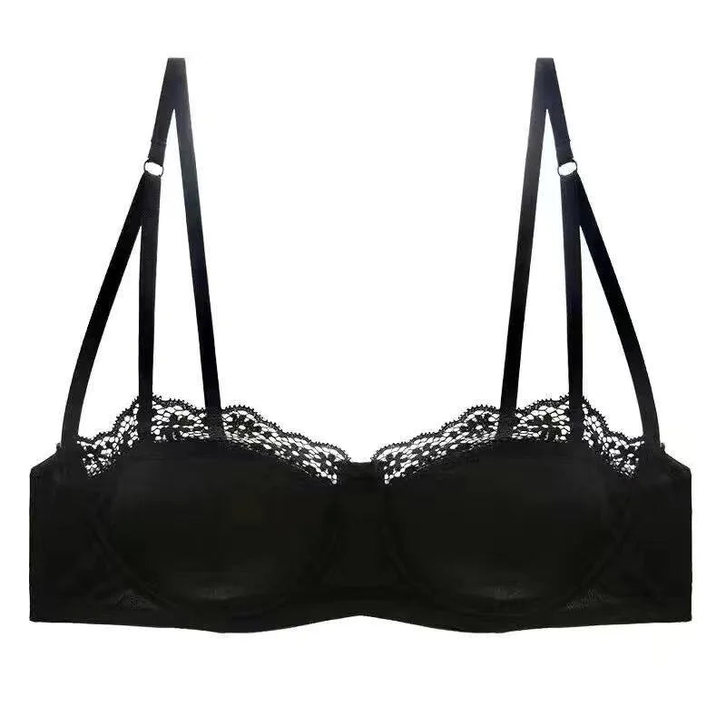 Satin Half-Cup Underwire Bra & Lace Trim Lingerie Set