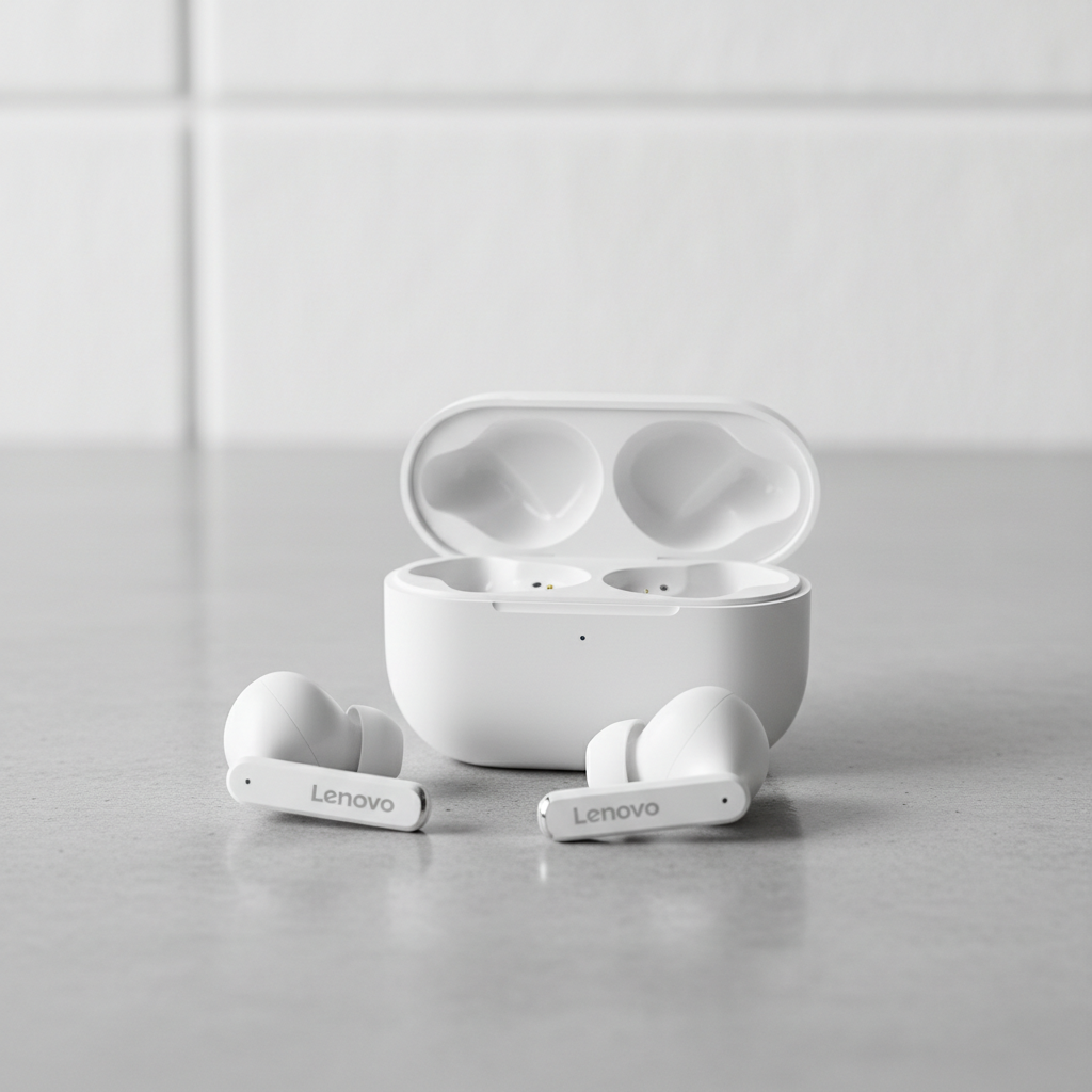 Lenovo LP40 wireless earbuds with charging case on a clean modern surface