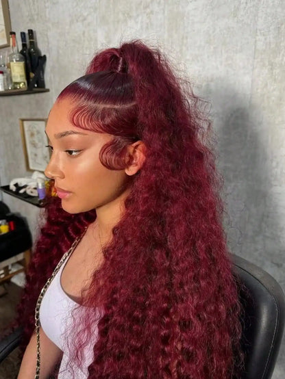 34" 99J Burgundy Wine Red Lace Front Wigs With Natural Deep Wave