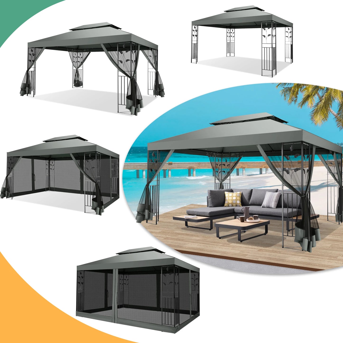 10x13 Gazebo Tent with Mosquito Netting and Ventilated Double Flat Roof
