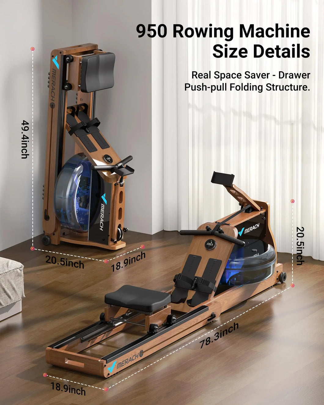 MERACH Foldable Wooden Water Electromagnetic Rower Machine