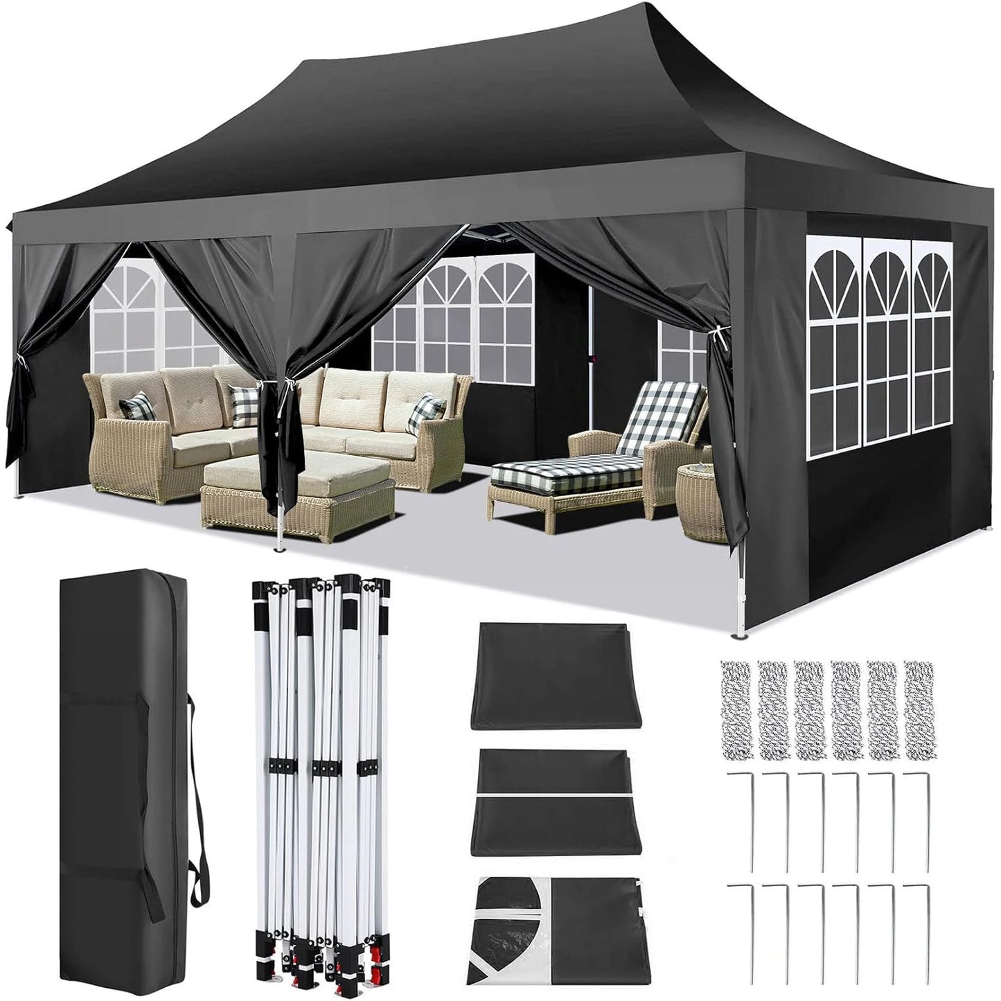 10x20ft Pop Up Canopy Gazebo With 6 Sidewalls & 3 Adjustable Heights