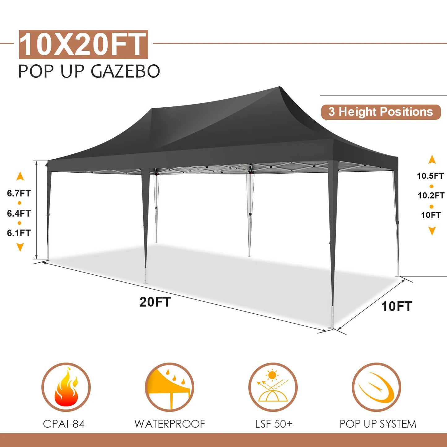 10x20ft Pop Up Canopy Gazebo With 6 Sidewalls & 3 Adjustable Heights