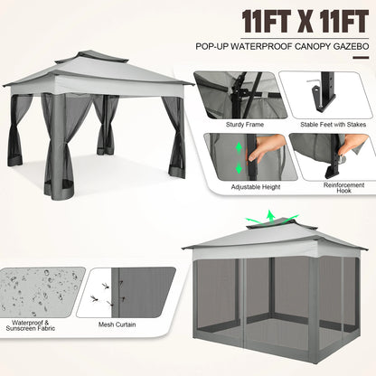 11x11ft Pop Up Gazebo Pavilion With Mosquito Netting