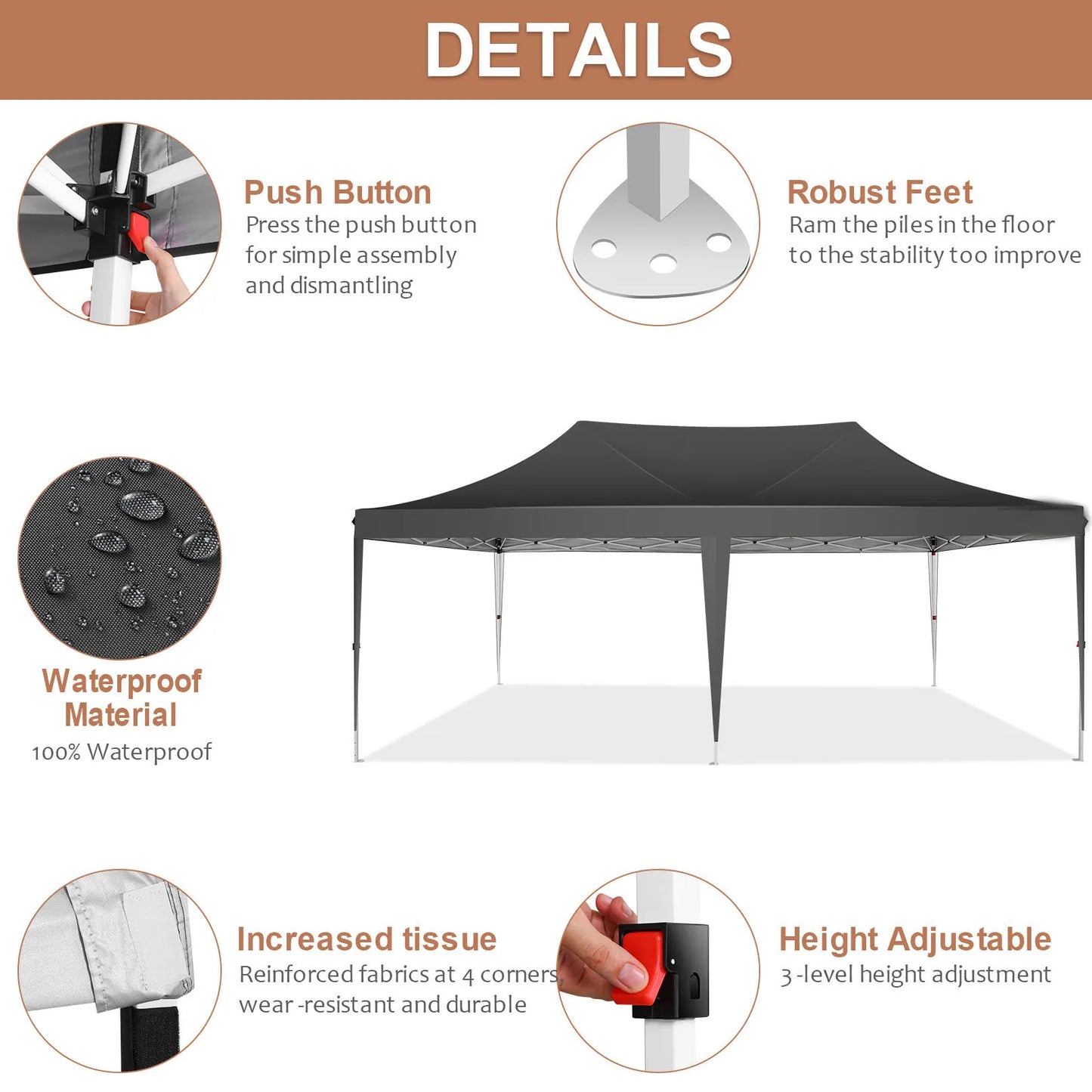 10x20ft Pop Up Canopy Gazebo With 6 Sidewalls & 3 Adjustable Heights