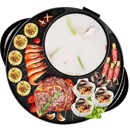 Electric Grill with Hot Pot Portable Round Barbecue Griddle Cookware Non Stick 2 in 1 Korean BBQ
