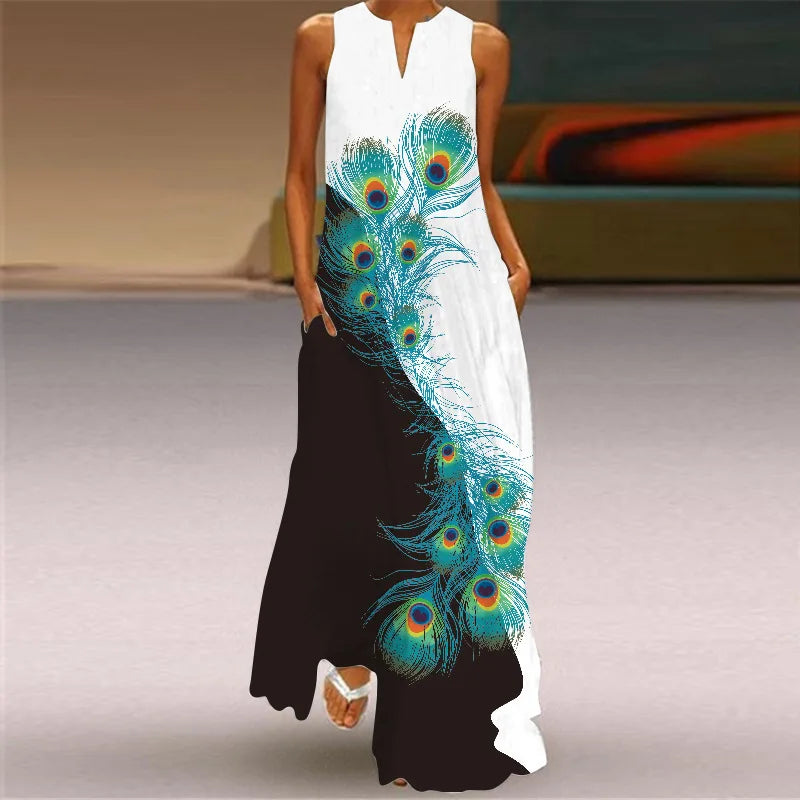 Sleeveless Retro Print Long Dress With Pockets