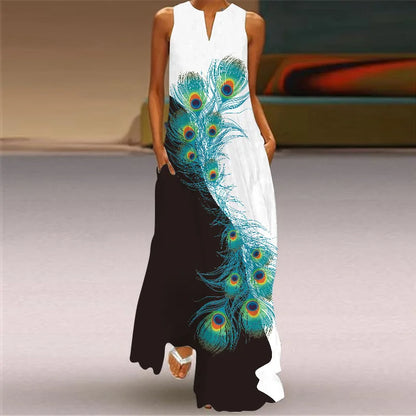 Sleeveless Retro Print Long Dress With Pockets