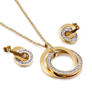 Stainless Steel Three Rounds Pendant Necklace & Earrings Set