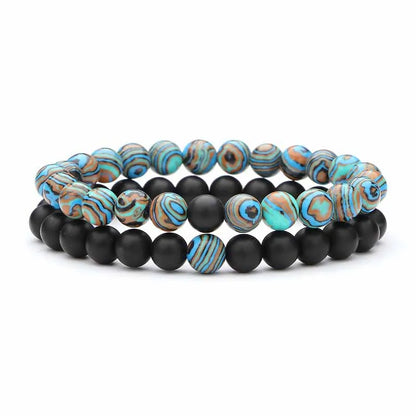 2-Piece Matte Black & Synthetic Blue Malachite Couple Bracelets