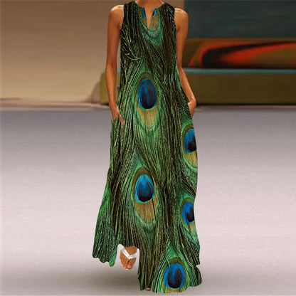 Sleeveless Retro Print Long Dress With Pockets