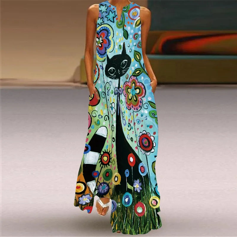 Sleeveless Retro Print Long Dress With Pockets