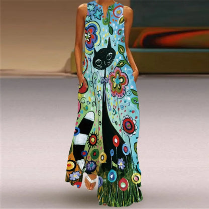 Sleeveless Retro Print Long Dress With Pockets