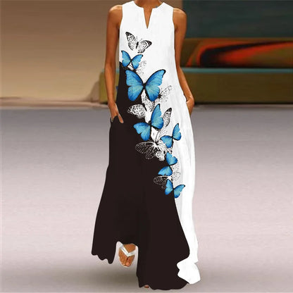Sleeveless Retro Print Long Dress With Pockets