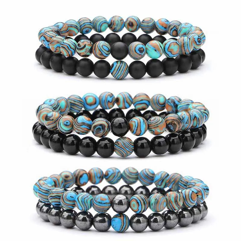 2-Piece Matte Black & Synthetic Blue Malachite Couple Bracelets