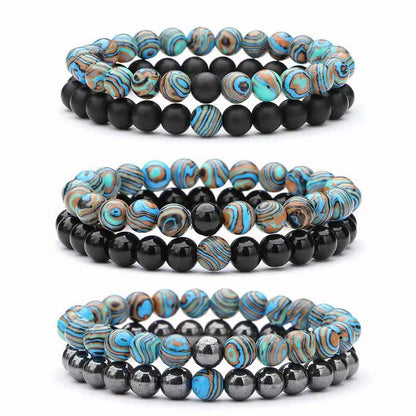2-Piece Matte Black & Synthetic Blue Malachite Couple Bracelets