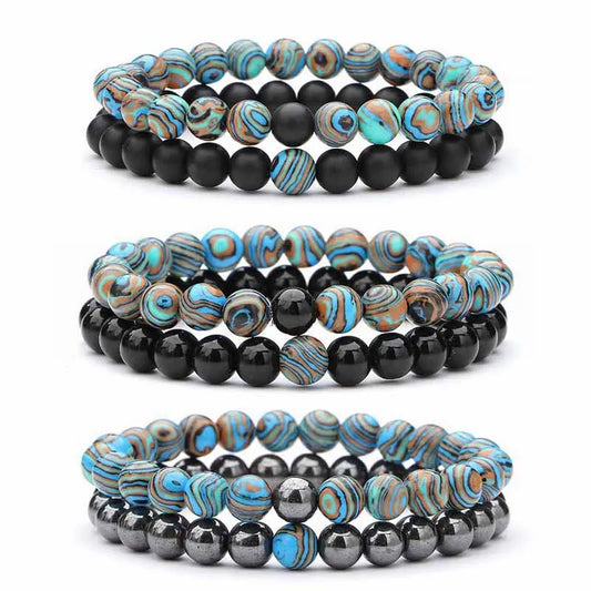 2-Piece Matte Black & Synthetic Blue Malachite Couple Bracelets
