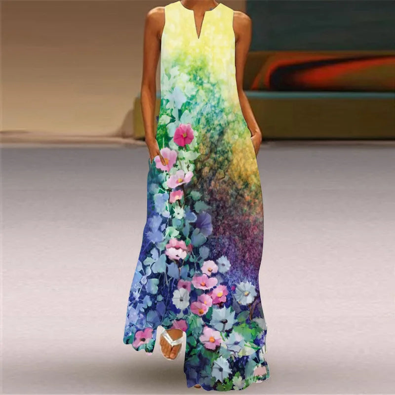 Sleeveless Retro Print Long Dress With Pockets