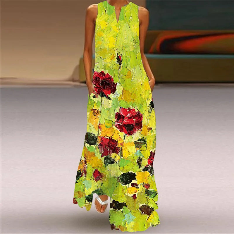 Sleeveless Retro Print Long Dress With Pockets