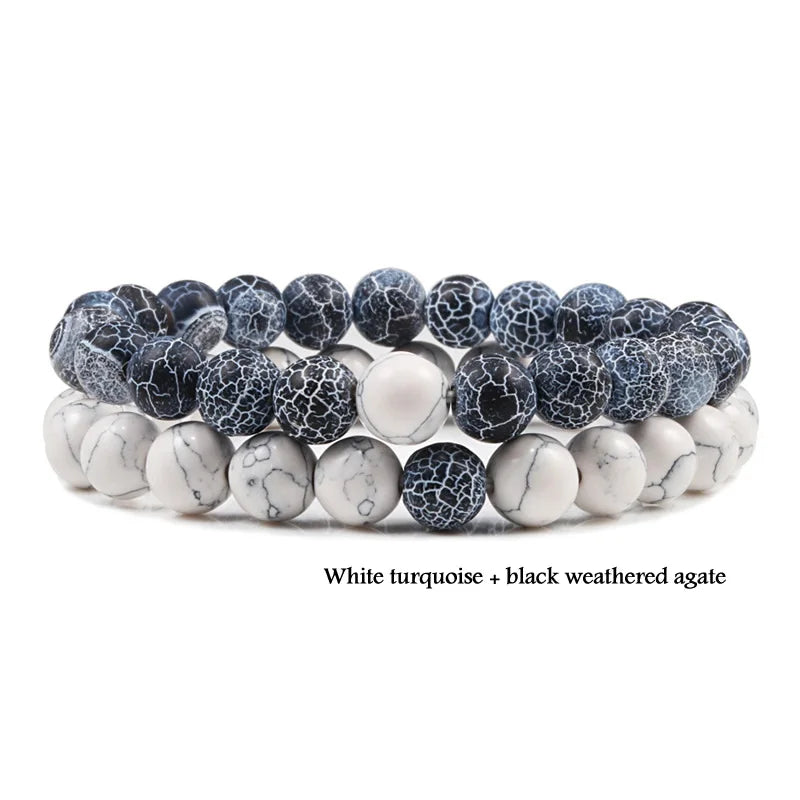 2-Piece Matte Black & Synthetic Blue Malachite Couple Bracelets