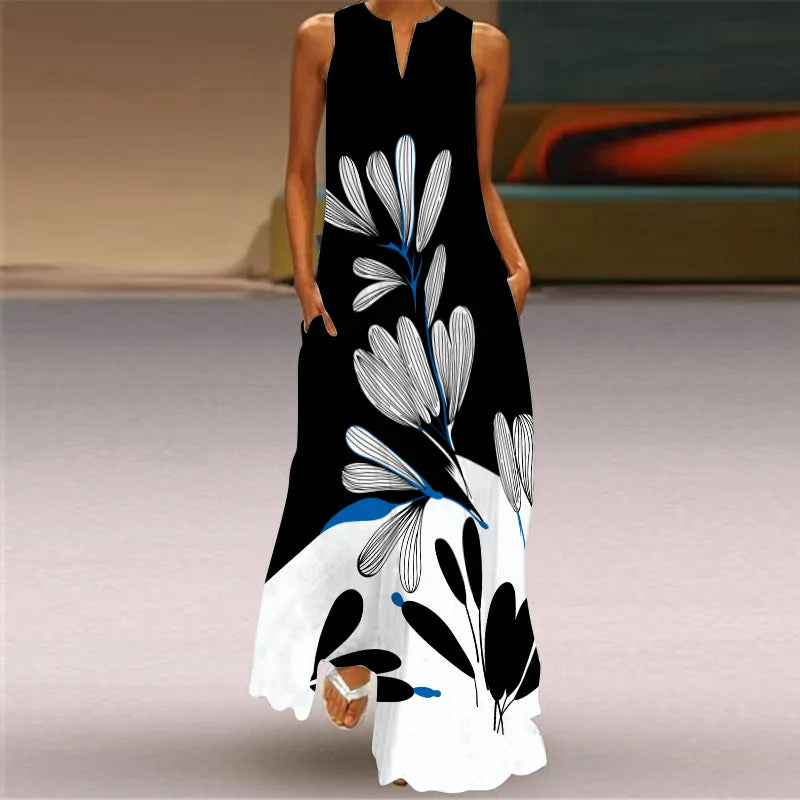 Sleeveless Retro Print Long Dress With Pockets