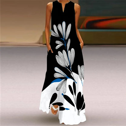 Sleeveless Retro Print Long Dress With Pockets