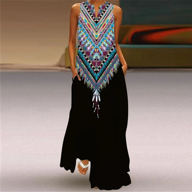 Sleeveless Retro Print Long Dress With Pockets