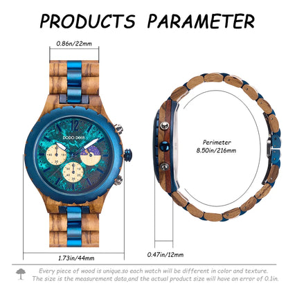 Eco-friendly Casual Wooden and Blue Stainless Steel Quartz Watch with Moon Phase
