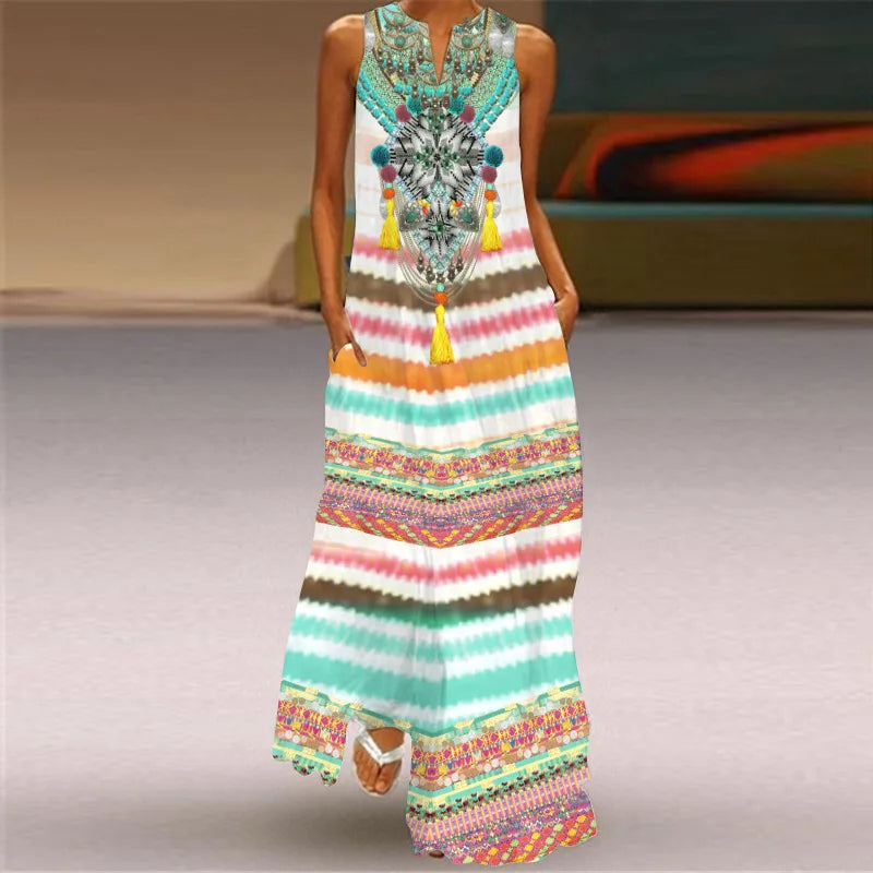 Sleeveless Retro Print Long Dress With Pockets