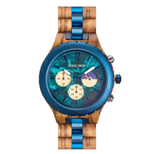 Eco-friendly Casual Wooden and Blue Stainless Steel Quartz Watch with Moon Phase