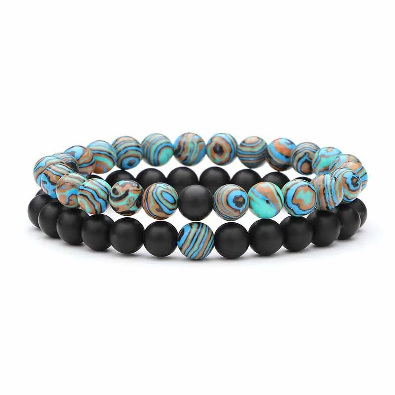 2-Piece Matte Black & Synthetic Blue Malachite Couple Bracelets