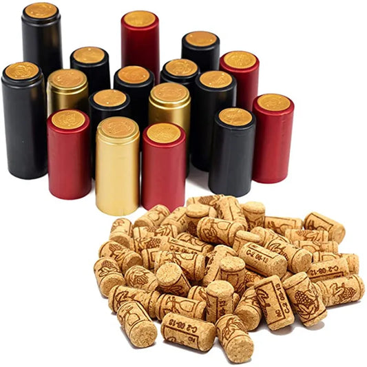 100 Pcs Natural Wine Bottle Corks and Seals Heat Shrink Capsules with Tear Tab