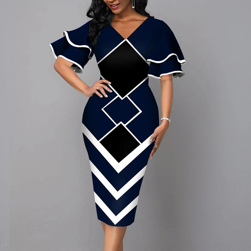 Elegant V Neck Short Sleeve Slim Fit Dress