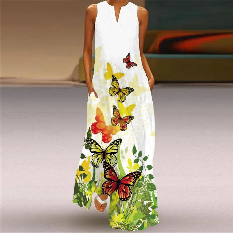 Sleeveless Retro Print Long Dress With Pockets