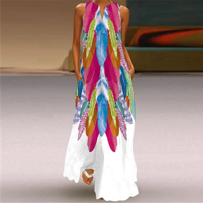 Sleeveless Retro Print Long Dress With Pockets