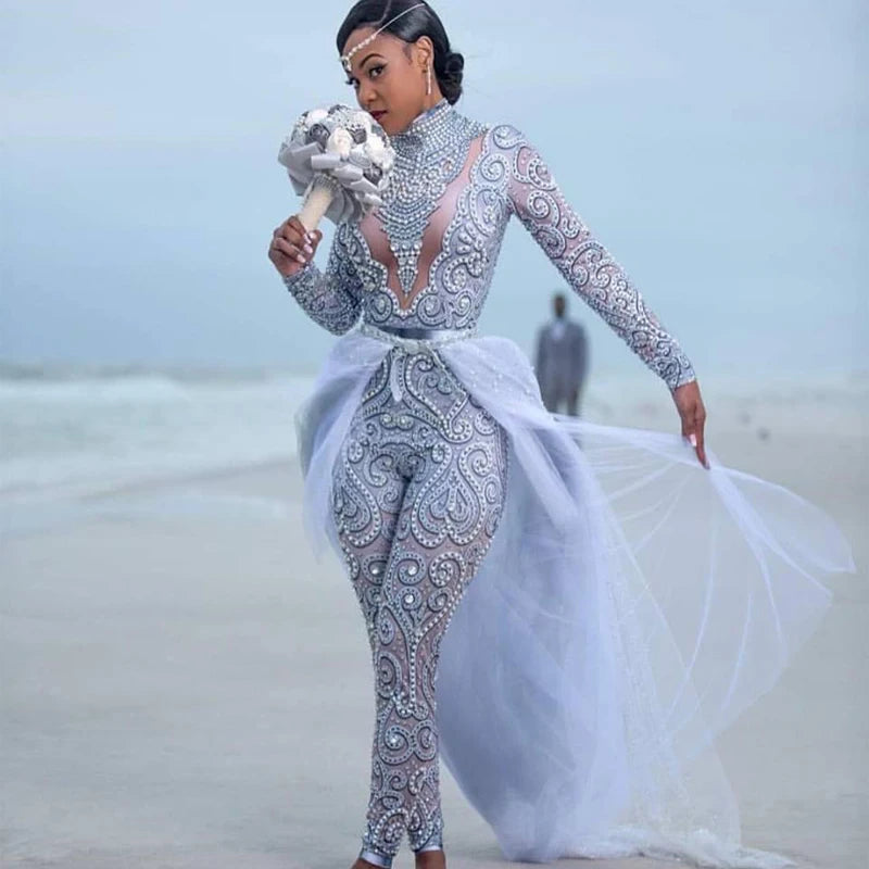 Elegant A-Line High-Neck Lace & Sequined Wedding Outfit with Detachable Train