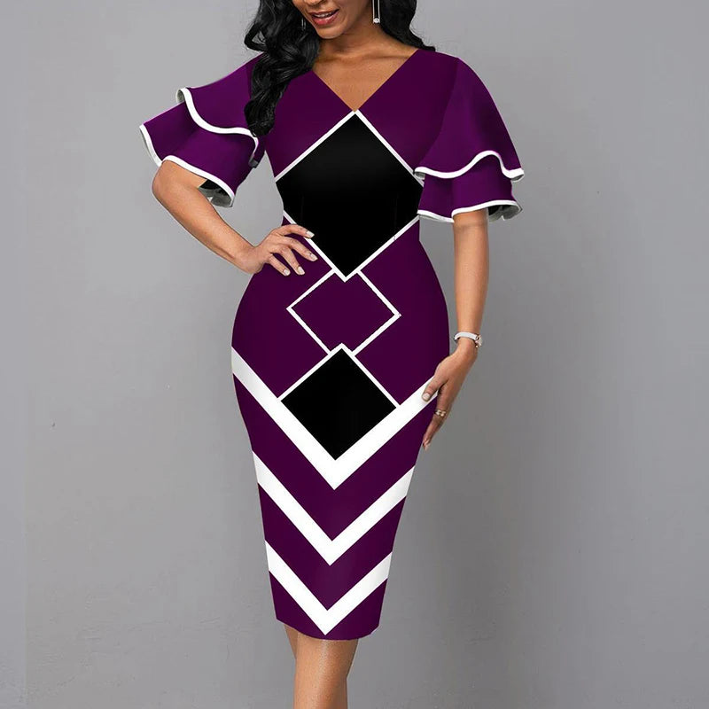 Elegant V Neck Short Sleeve Slim Fit Dress