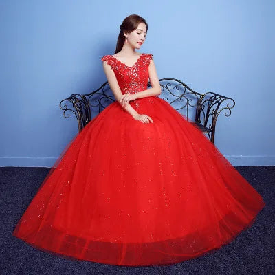 Elegant V-Neck Lace & Crystal Embroidered Ball Gown Wedding Dress