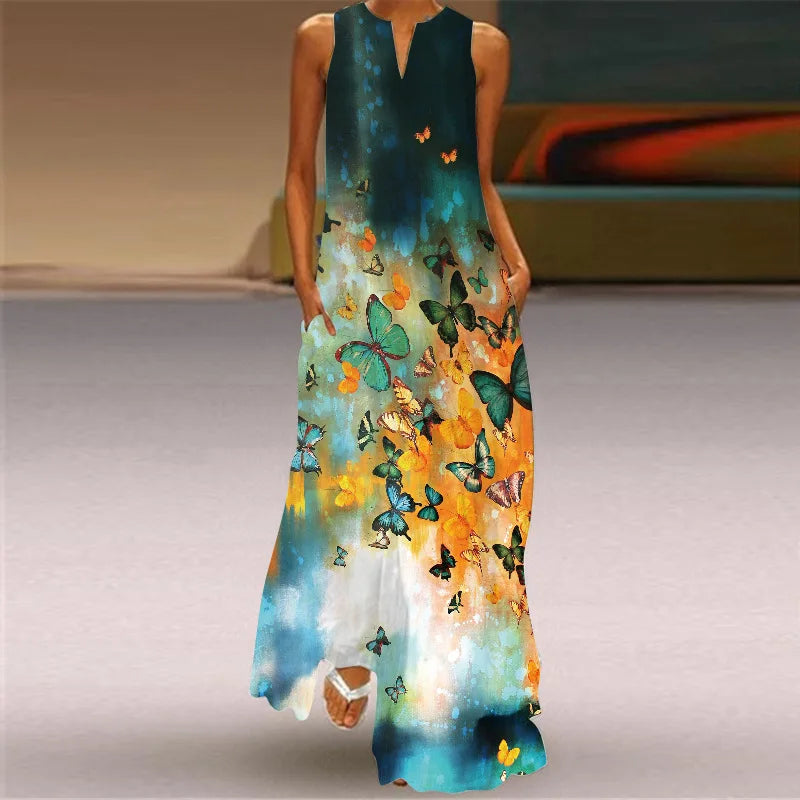 Sleeveless Retro Print Long Dress With Pockets