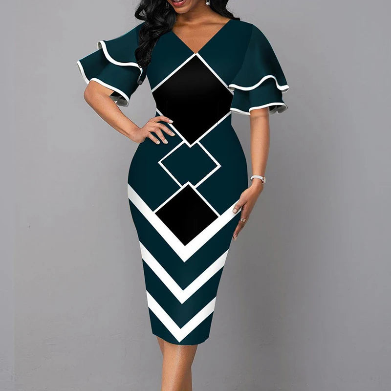 Elegant V Neck Short Sleeve Slim Fit Dress