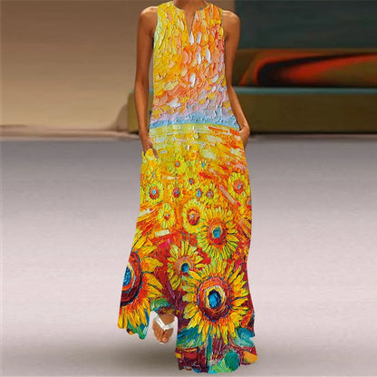 Sleeveless Retro Print Long Dress With Pockets